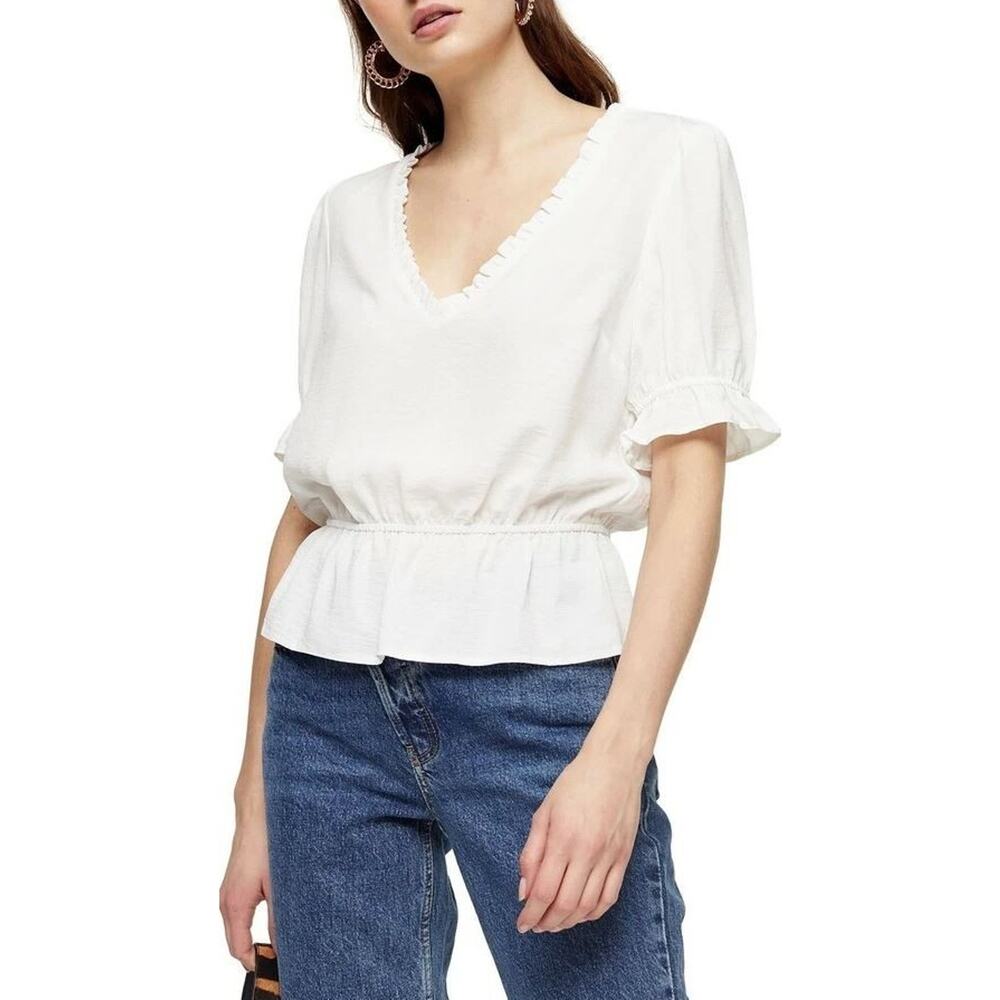 Topshop Women's Morgan Ruffle Trim Short Sleeve Peplum Top in Ivory Size 6‎ $35